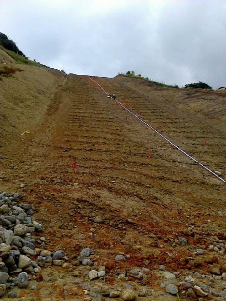 Talud estabilizado con hileras de Vetiver sembradas en curvas de nivel, obra ejecutada por Ludanmas